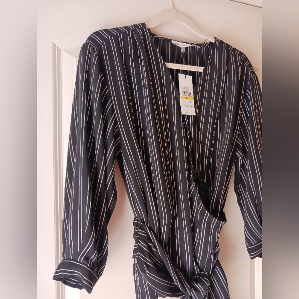 Calvin Klein Black Stripe Blouse Tie Waist Office Long Sleeve Medium